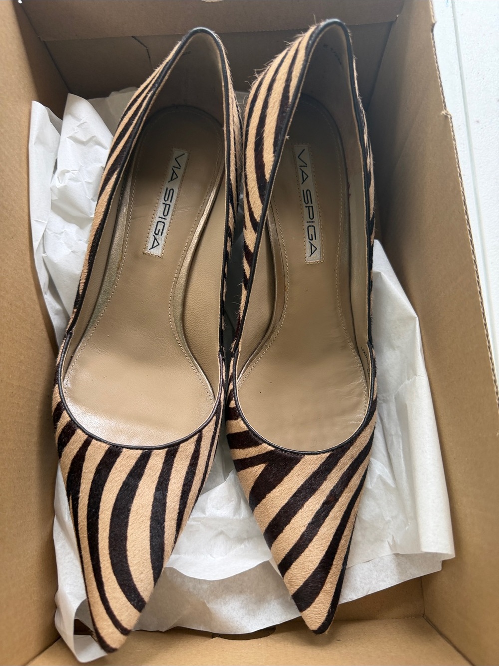 Via Spiga Tan and Black Zebra-Print Pointed Toe Pumps